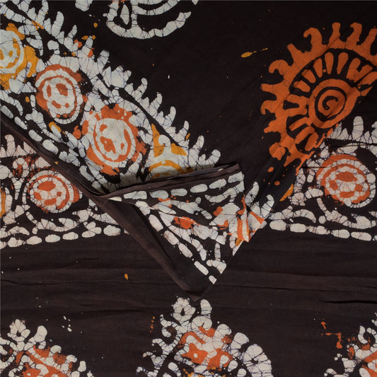 Sanskriti Vintage Sarees Orange/Brown Batik Work Pure Cotton Sari 5+yd Sustainable Fabric