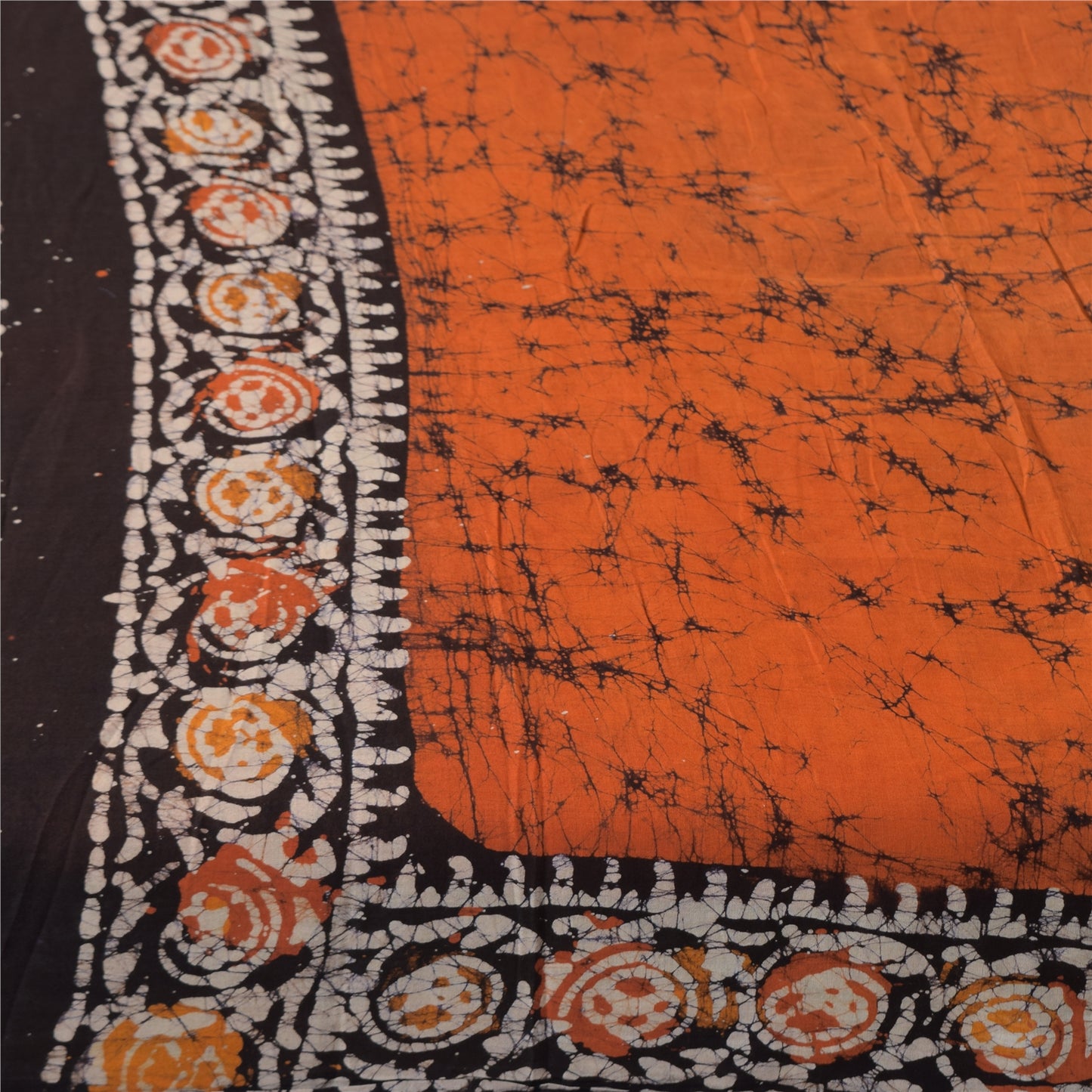 Sanskriti Vintage Sarees Orange/Brown Batik Work Pure Cotton Sari 5+yd Sustainable Fabric