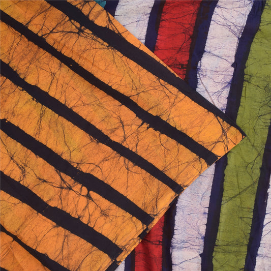 Sanskriti Vintage Sarees Blue & Yellow Pure Cotton Batik Work Sari 5+yd Sustainable Fabric