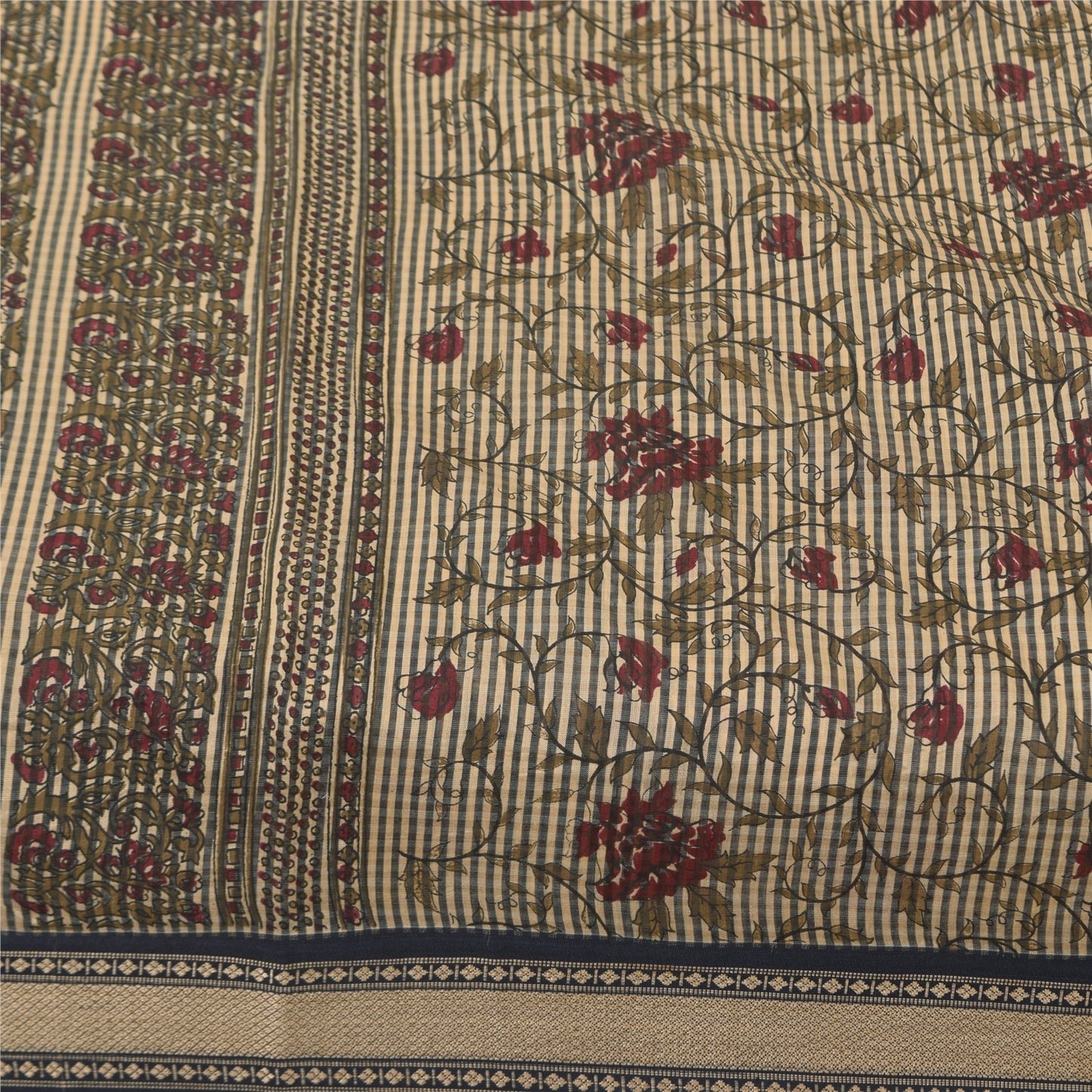 Sanskriti Vintage Sarees Indian Ivory Pure Cotton Printed Sari 5+yd Craft Sustainable Fabric