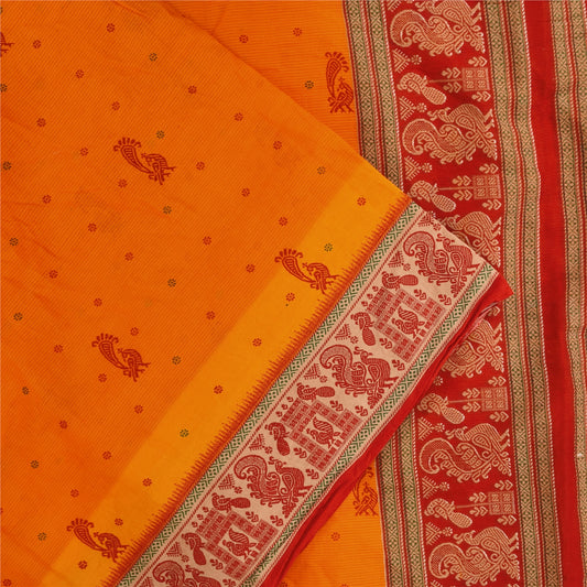 Sanskriti Vintage Sarees Yellow Peacock Print Pure Cotton Sari 5+yd Craft Fabric
