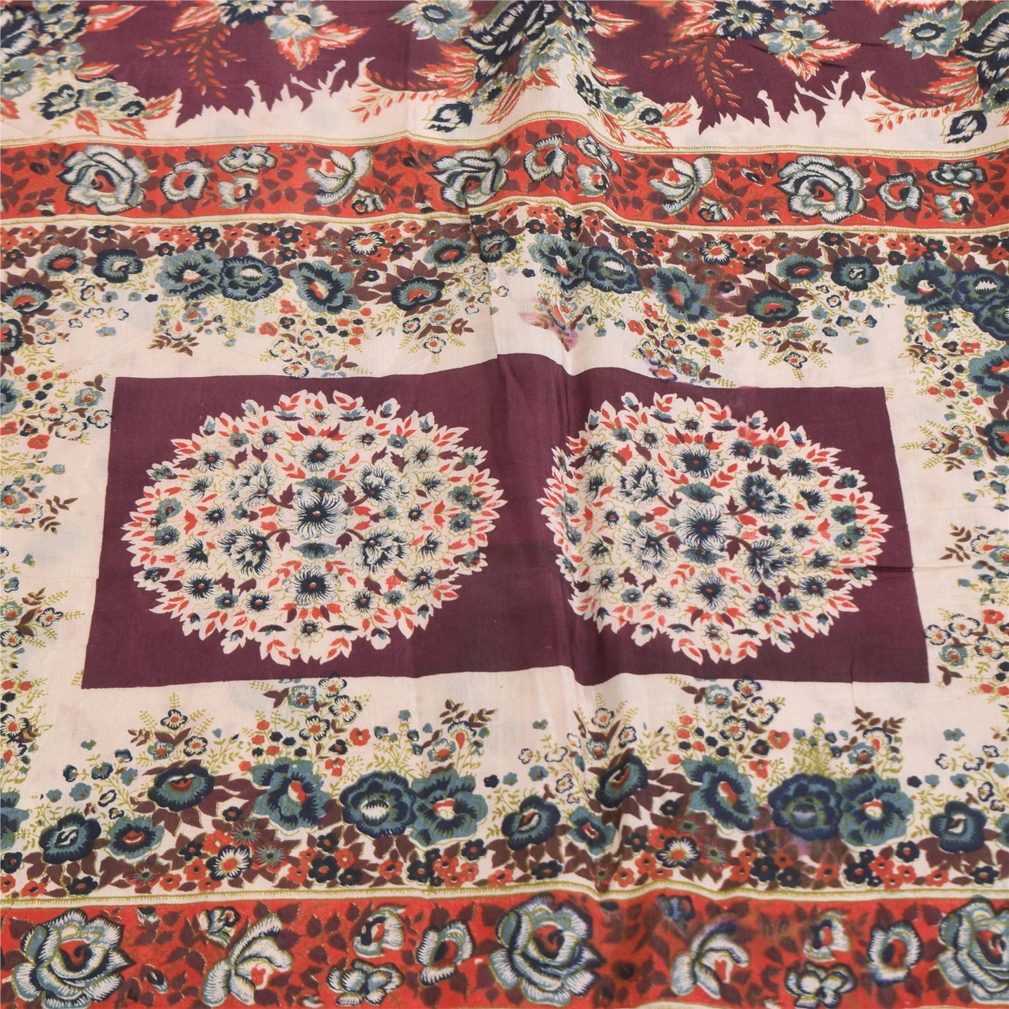 Sanskriti Vintage Sarees Indian IvoryPure Cotton Printed Sari 5+yd Craft Sustainable Fabric