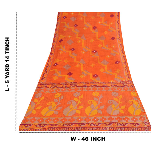 Sanskriti Vintage Sarees Indian Orange Pure Cotton Print Sari 5+yd Craft Sustainable Fabric