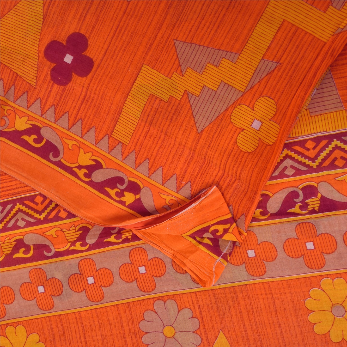 Sanskriti Vintage Sarees Indian Orange Pure Cotton Print Sari 5+yd Craft Sustainable Fabric