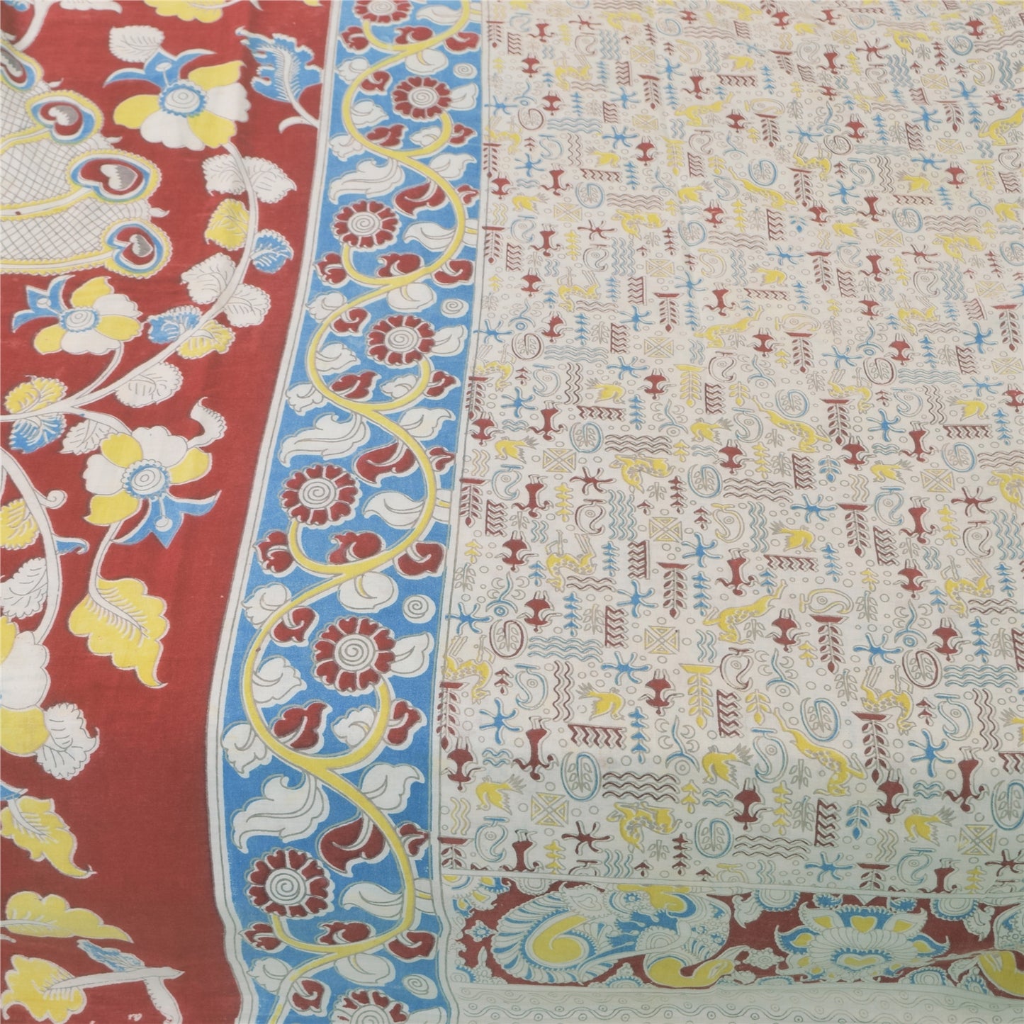 Sanskriti Vintage Sarees Handmade Kalamkari Pure Cotton Printed Sari 5+yd Sustainable Fabric