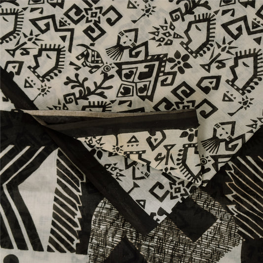 Sanskriti Vintage Sarees Ivory & Black Pure Cotton Print Sari 5+yd Craft Sustainable Fabric