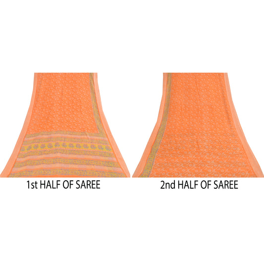 Sanskriti Vintage Sarees Indian Orange Pure Cotton Print Sari 5+yd Craft Sustainable Fabric