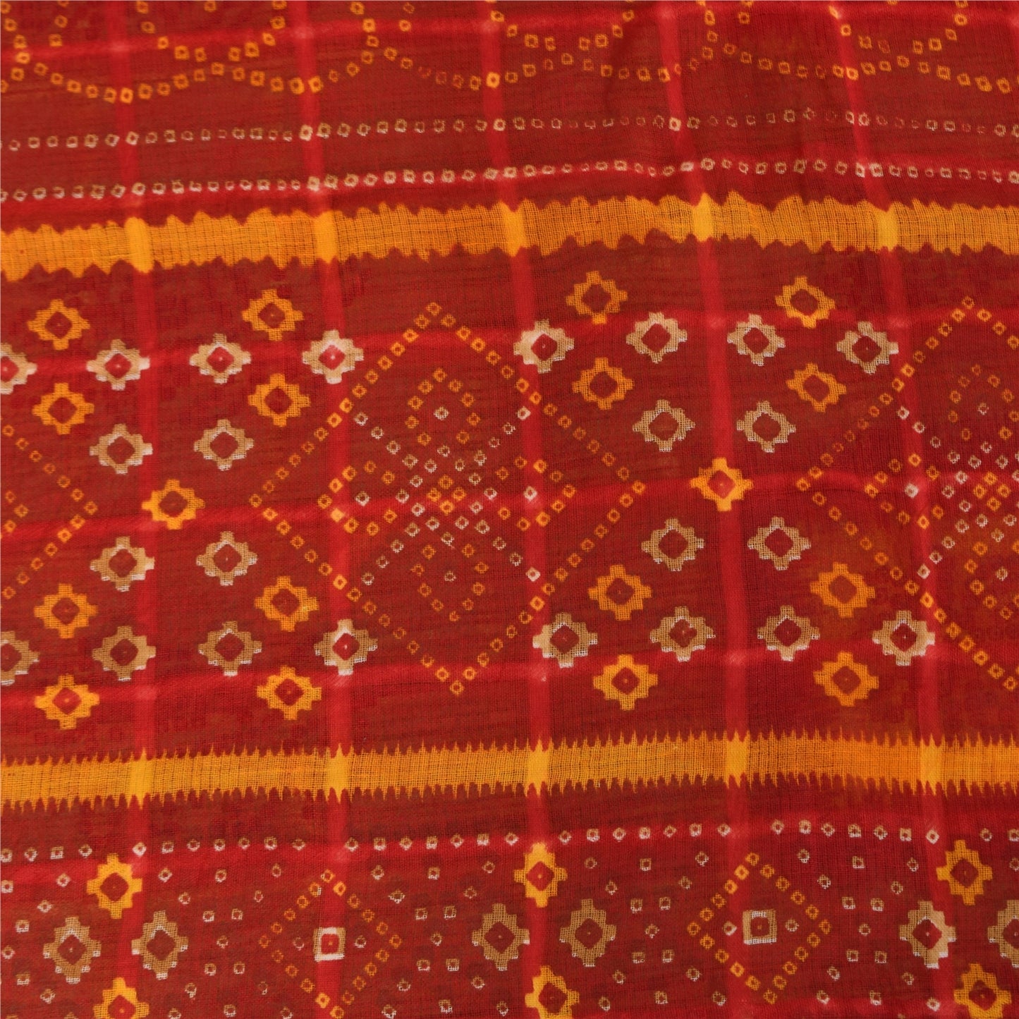 Sanskriti Vintage Sarees Brown Bandhani Pure Cotton Print Sari 5+yd Craft Sustainable Fabric