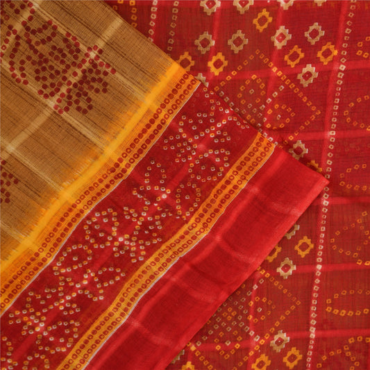 Sanskriti Vintage Sarees Brown Bandhani Pure Cotton Print Sari 5+yd Craft Sustainable Fabric