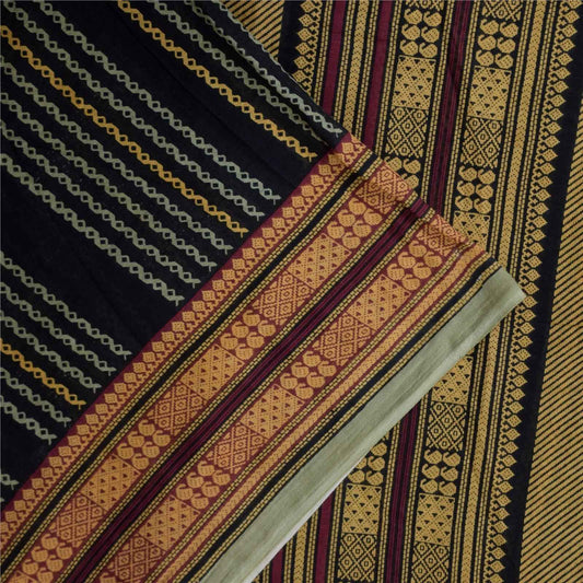 Sanskriti Vintage Sarees Indian Black Pure Cotton Printed Sari 5+yd Craft Fabric