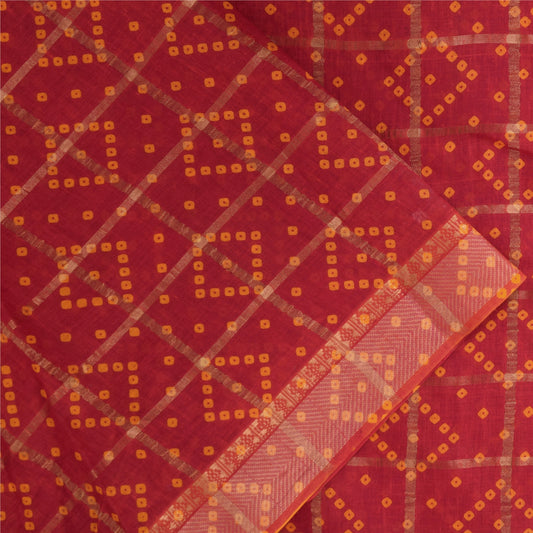 Sanskriti Vintage Sarees Red Bandhani Printed Zari Woven Pure Cotton Sari Sustainable Fabric