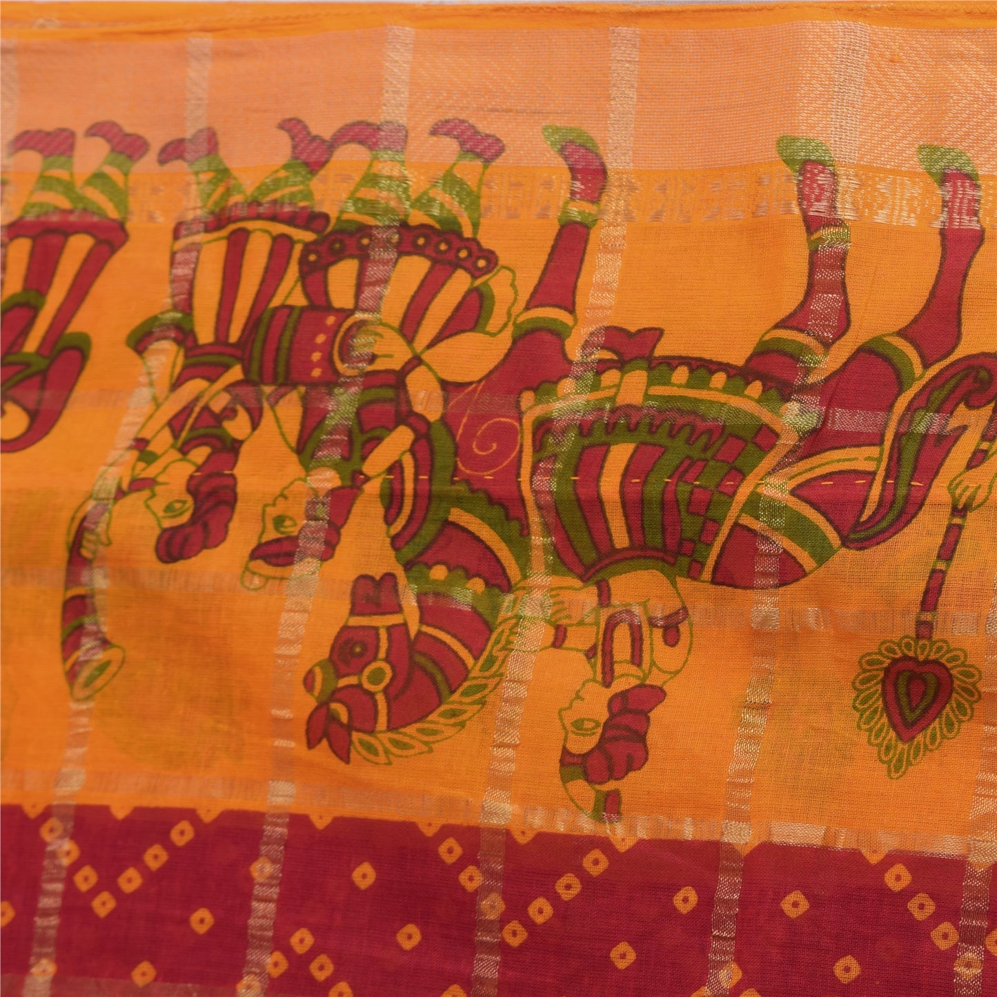 Sanskriti Vintage Sarees Red Bandhani Printed Zari Woven Pure Cotton Sari Sustainable Fabric