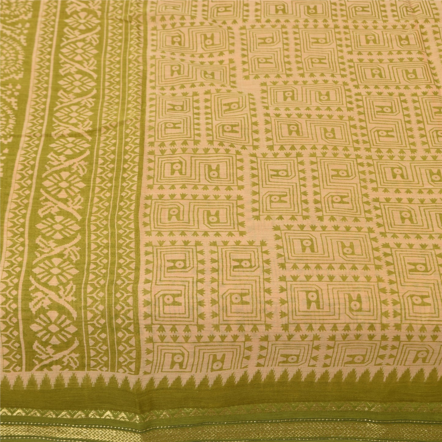 Sanskriti Vintage Sarees Cream & Green Pure Cotton Print Zari Border Sari Fabric