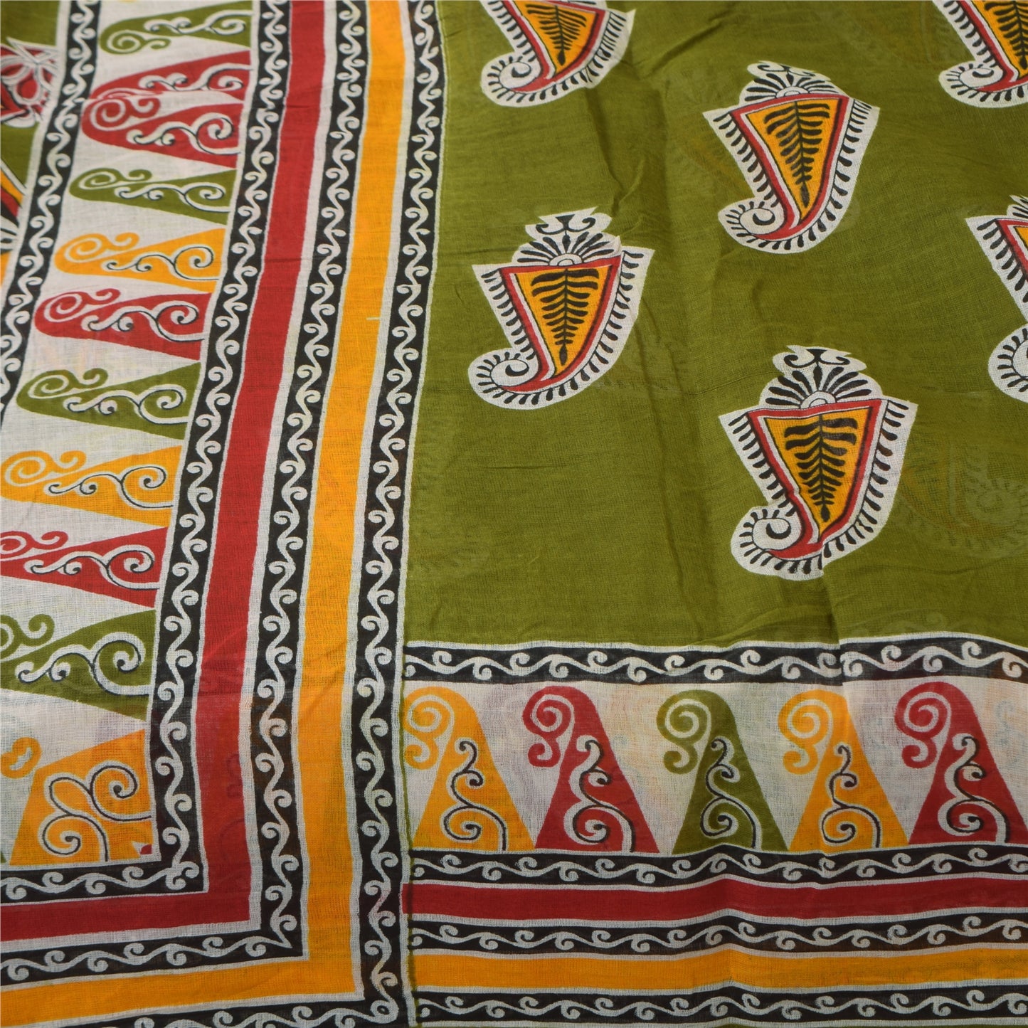 Sanskriti Vintage Sarees Indian Green Pure Cotton Printed Sari 5+yd Craft Sustainable Fabric