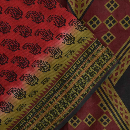 Sanskriti Vintage Sarees Indian Red Pure Cotton Printed Sari 5+yd Craft Fabric