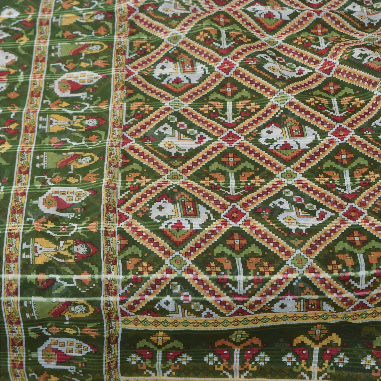 Sanskriti Vintage Sarees Green & Red Pure Cotton Animal Printed Sari 5+yd Fabric