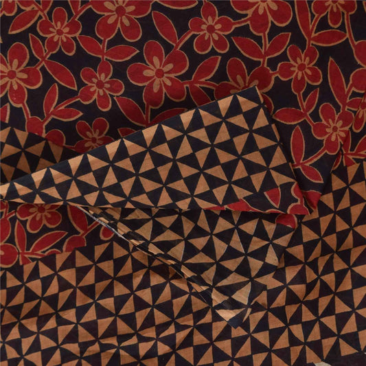 Sanskriti Vintage Sarees Black & Red Pure Cotton Printed Sari 5+yd Craft Fabric