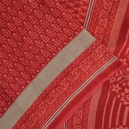 Sanskriti Vintage Sarees Red Block Printed Pure Cotton Sari 5+yd Craft Fabric