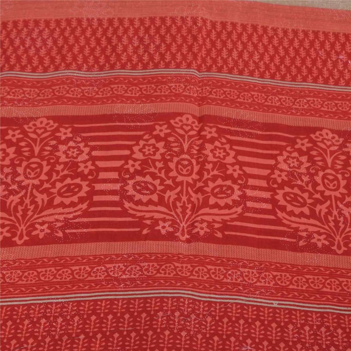 Sanskriti Vintage Sarees Red Block Printed Pure Cotton Sari 5+yd Craft Fabric