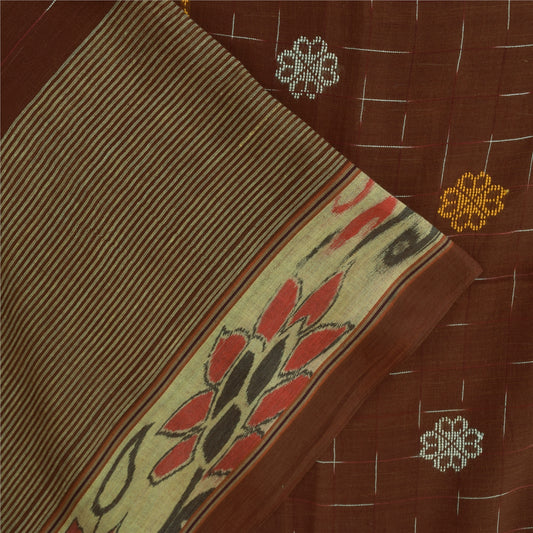 Sanskriti Vintage Sarees Brown Ikat Handwoven Pure Cotton Sari 5+yd Craft Fabric