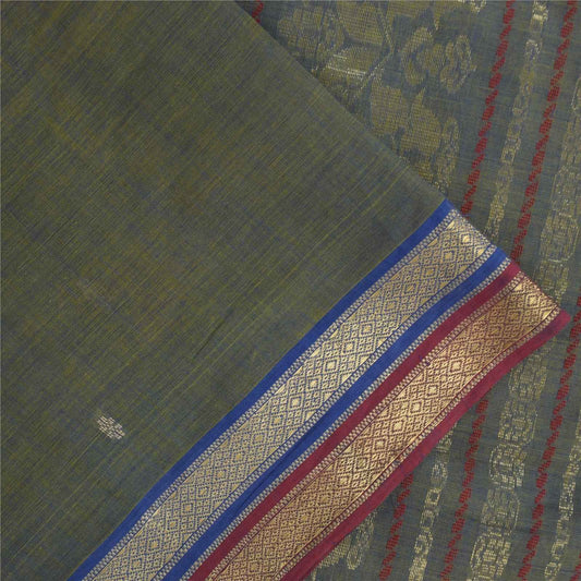 Sanskriti Vintage Sarees Shades of Green-Blue Peacock Woven Pure Cotton Fabric