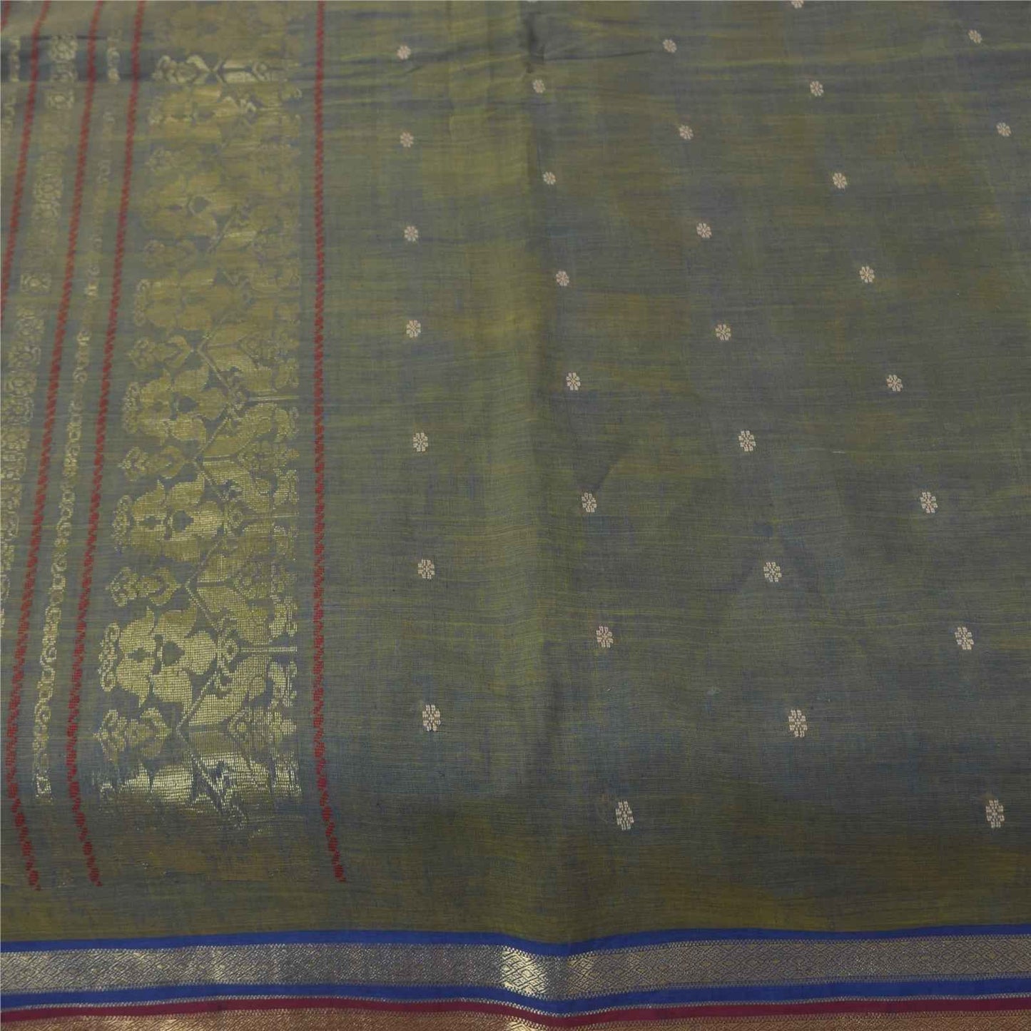 Sanskriti Vintage Sarees Shades of Green-Blue Peacock Woven Pure Cotton Fabric