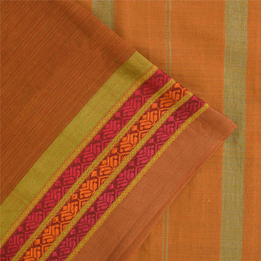 Sanskriti Vintage Sarees Saffron Pure Cotton Hand Woven Sari 5+yd Craft Fabric