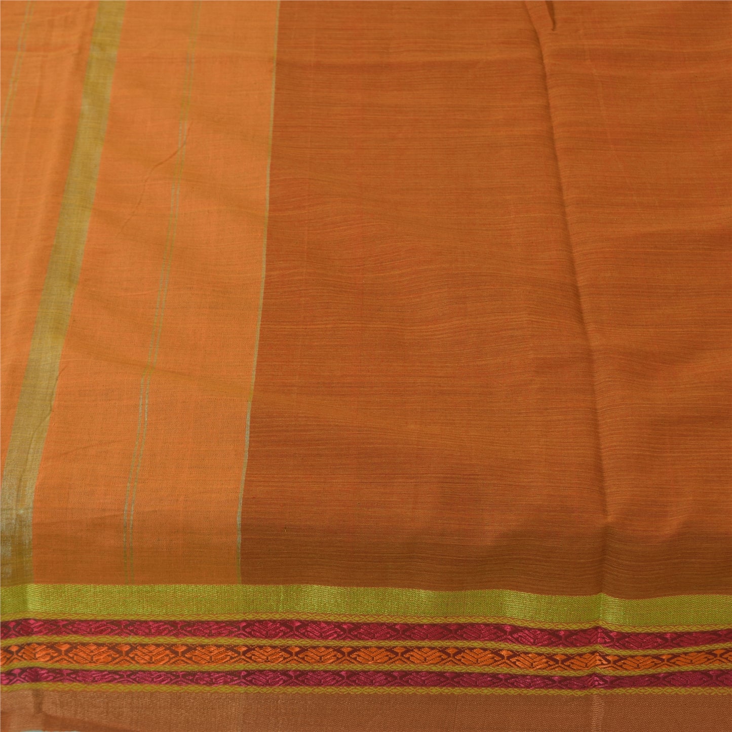 Sanskriti Vintage Sarees Saffron Pure Cotton Hand Woven Sari 5+yd Craft Fabric