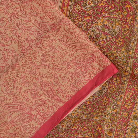 Sanskriti Vintage Sarees Peach & Red Pure Cotton Hand Block Printed Sari Fabric