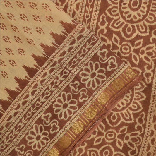 Sanskriti Vintage Sarees Peach & Brown Pure Cotton Print Sari 5+yd Craft Fabric