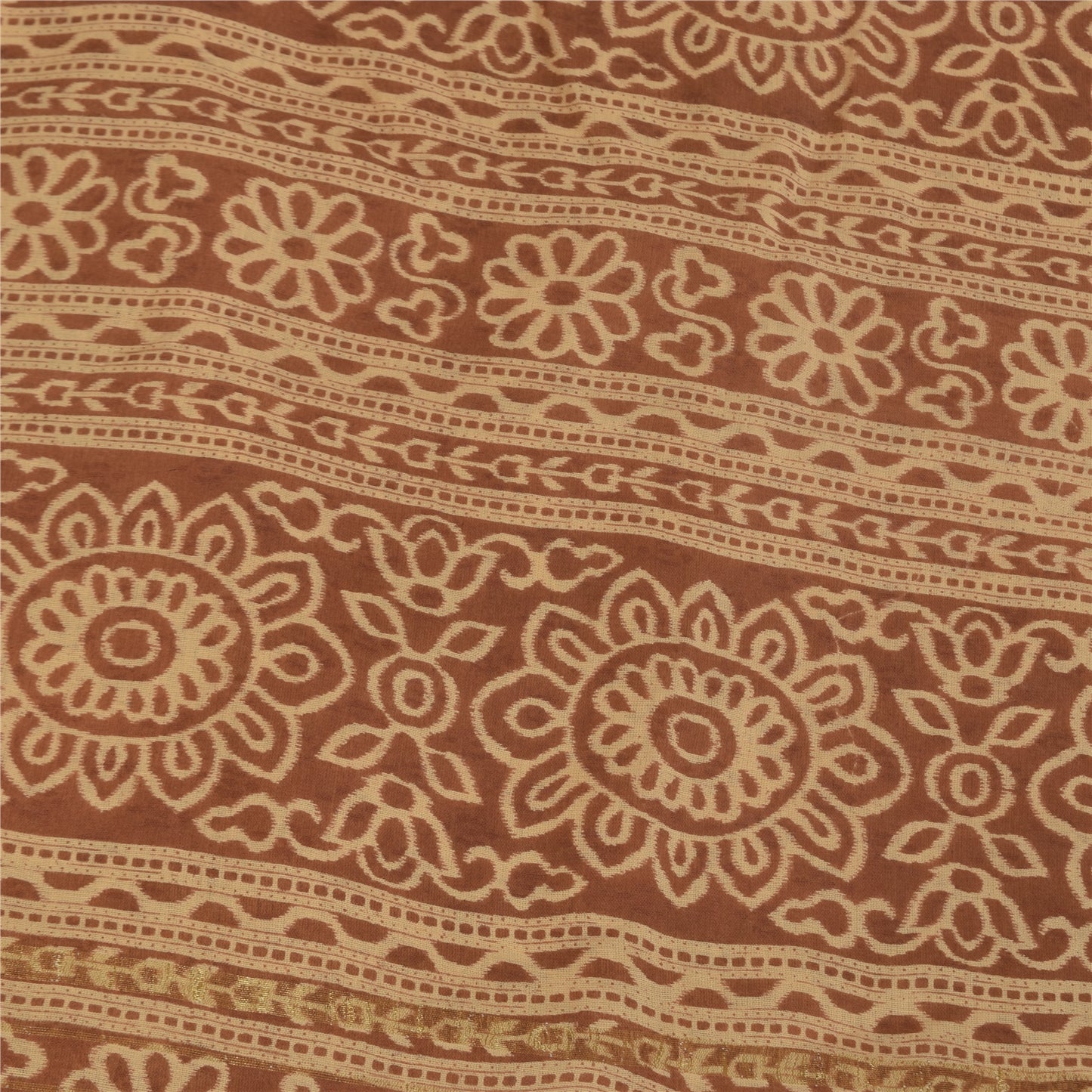 Sanskriti Vintage Sarees Peach & Brown Pure Cotton Print Sari 5+yd Craft Fabric