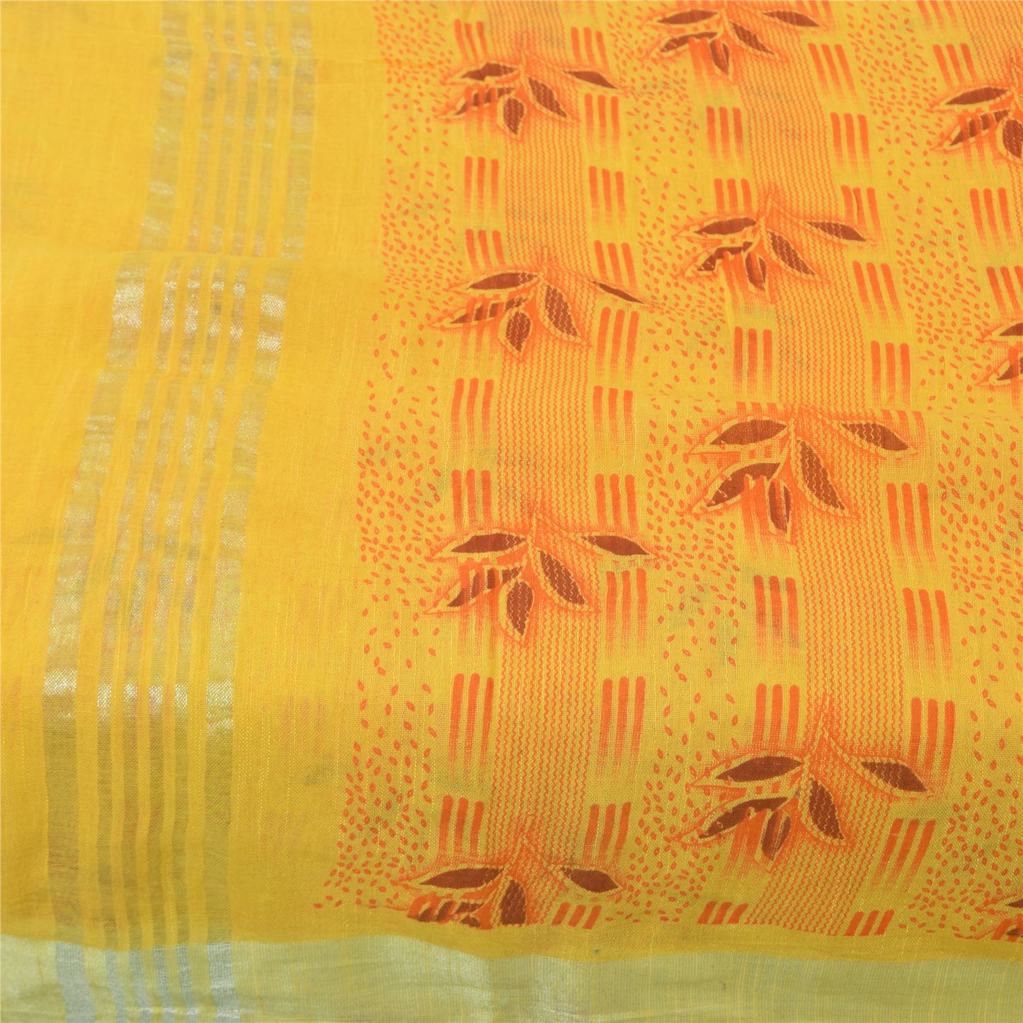 Sanskriti Vintage Sarees Yellow Woven Printed Pure Cotton Sari 5+yd Craft Fabric