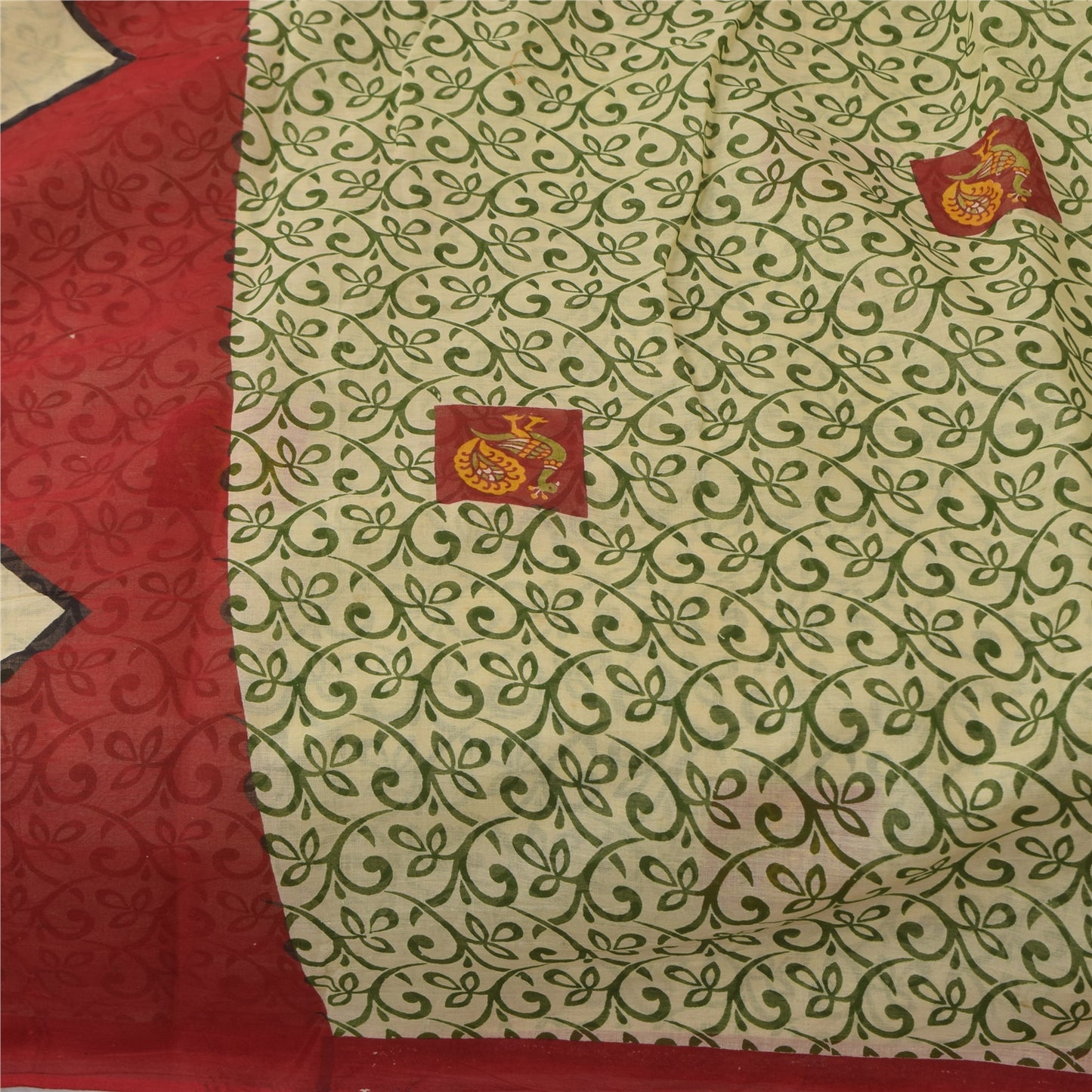 Sanskriti Vintage Sarees Green 100% Pure Cotton Printed Sari 5+yd Craft Fabric