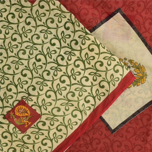 Sanskriti Vintage Sarees Green 100% Pure Cotton Printed Sari 5+yd Craft Fabric
