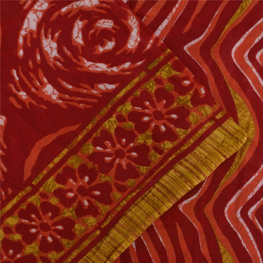 Sanskriti Vintage Sarees Indian Red Pure Cotton Printed Sari 5+yd Craft Fabric
