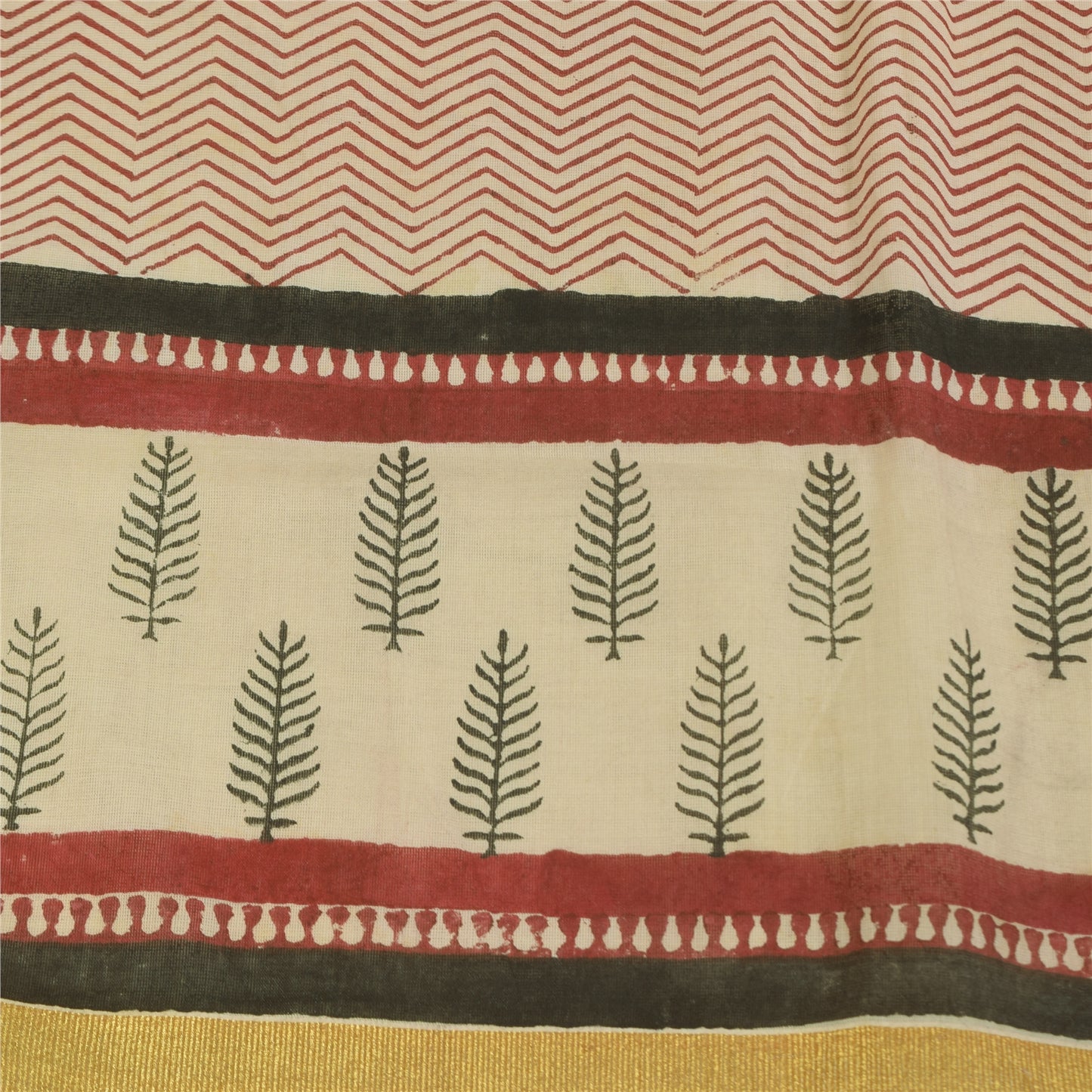 Sanskriti Vintage Sarees Ivory Hand Block Printed Pure Cotton Sari 6 Yard Fabric