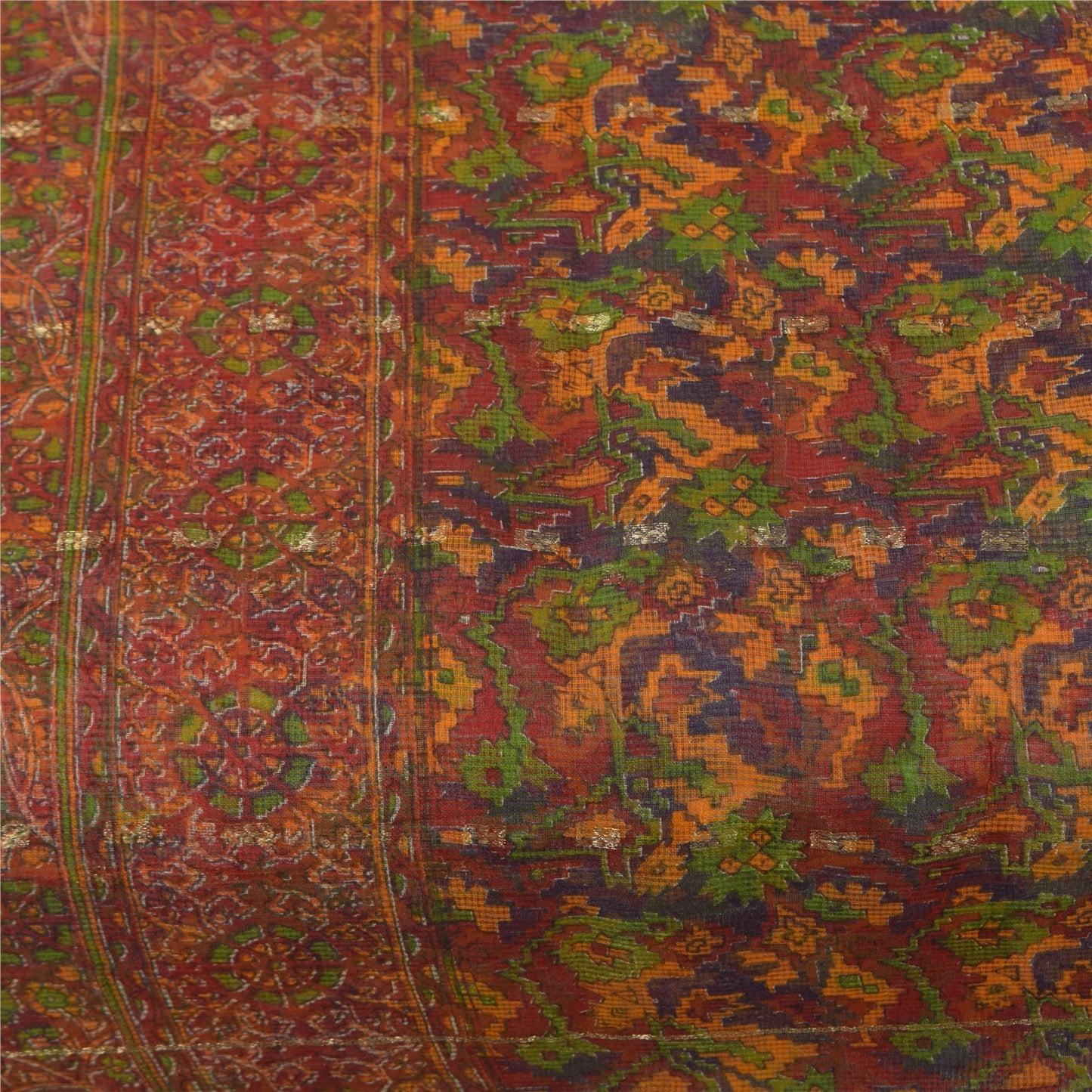 Sanskriti Vintage Sarees Orange Pure Cotton Printed Kota Woven Sari 5+yd Fabric