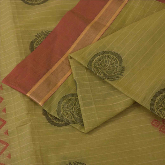 Sanskriti Vintage Sarees Green Pure Cotton Peacock Woven Sari 5+yd Craft Fabric