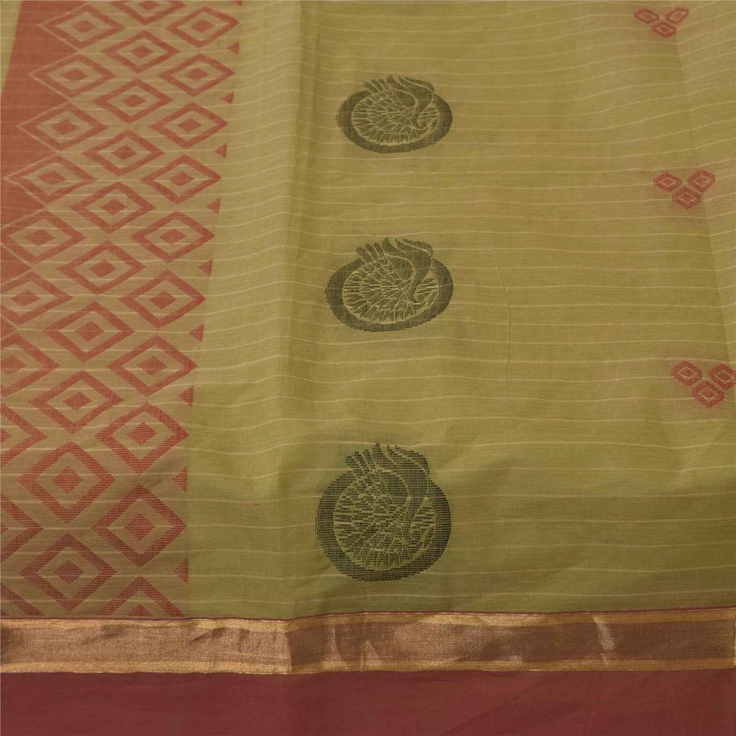 Sanskriti Vintage Sarees Green Pure Cotton Peacock Woven Sari 5+yd Craft Fabric