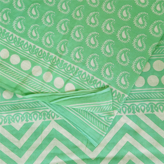 Sanskriti Vintage Sarees Indian Sea-Green Pure Cotton Printed Sari 5+yd Sustainable Fabric