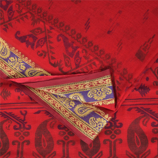 Sanskriti Vintage Sarees Indian Red Pure Cotton Printed Sari 5+yd Craft Sustainable Fabric