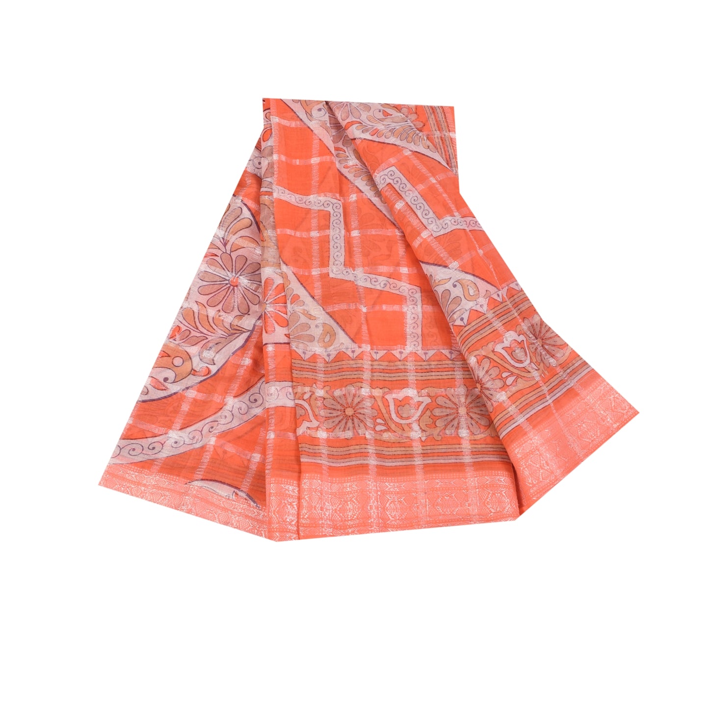 Sanskriti Vintage Sarees Orange Pure Cotton Printed Woven Sari 5+yd Craft Sustainable Fabric