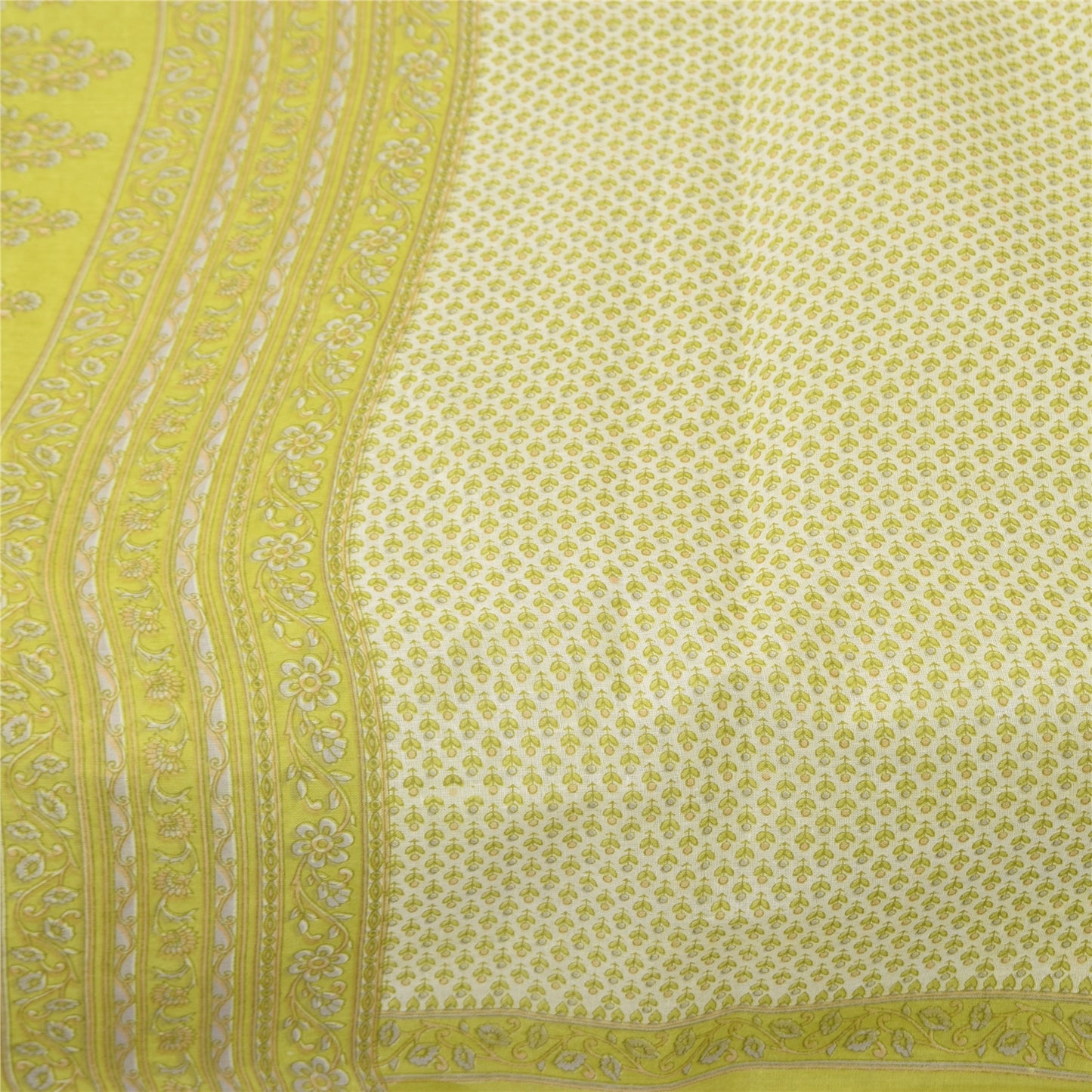Sanskriti Vintage Sarees Ivory & Green Pure Cotton Print Sari 5+yd Craft Fabric