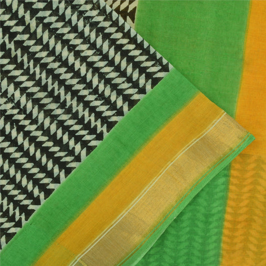 Sanskriti Vintage Sarees Yellow Pure Cotton Hand Block Printed Sari 5+yd Fabric