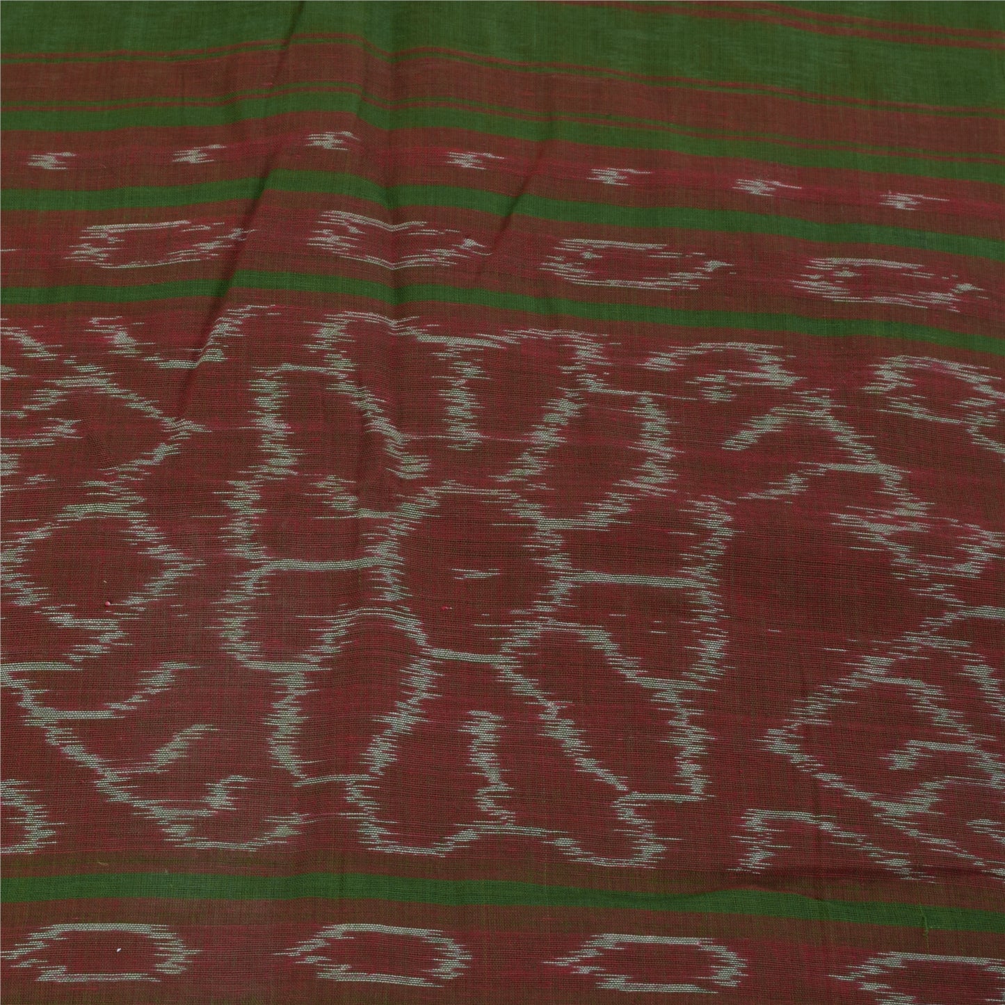 Sanskriti Vintage Sarees Red & Green Ikat Handwoven Pure Cotton Sari 5+yd Fabric