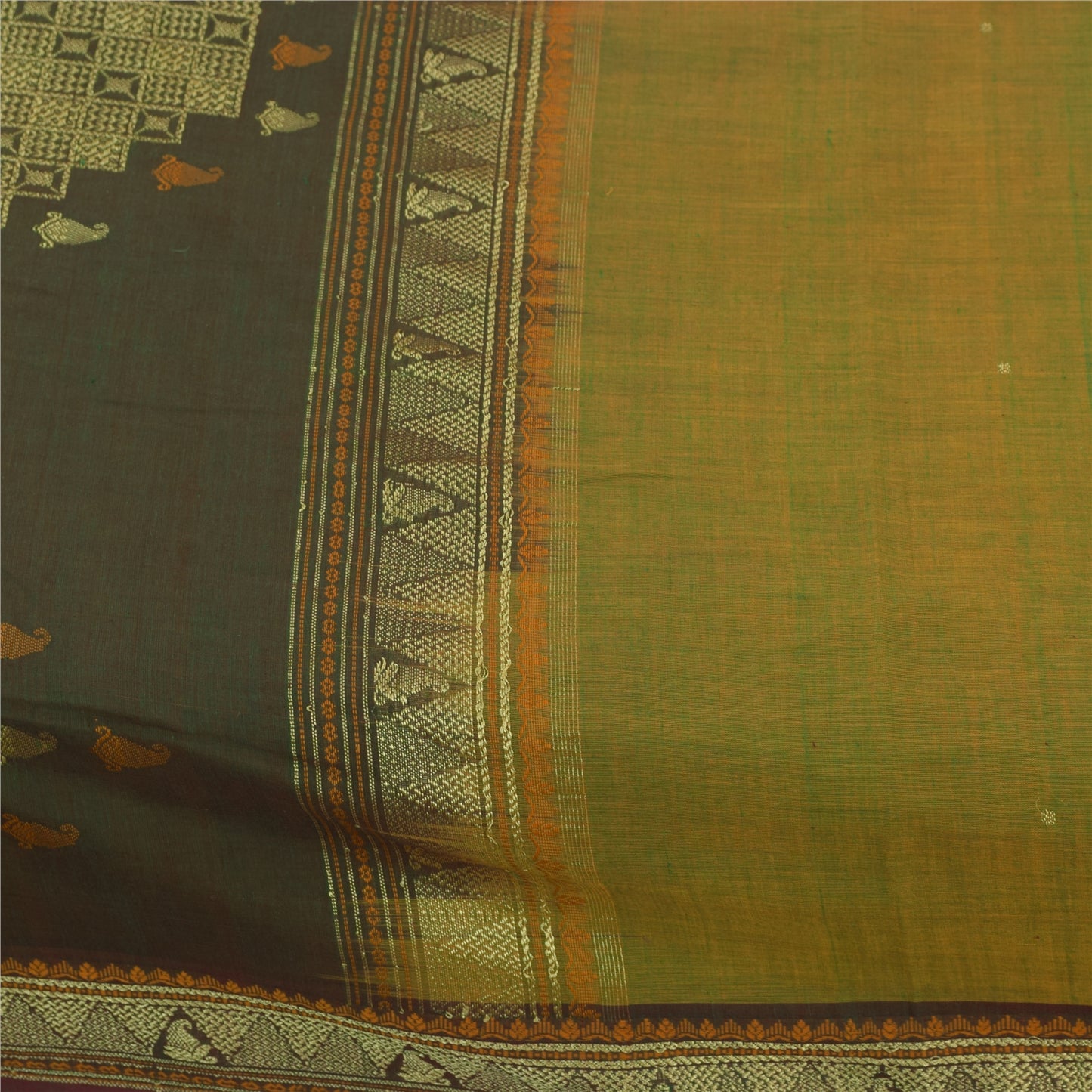 Sanskriti Vintage Sarees Green 100% Pure Cotton Hand Woven 5+yd Craft Fabric