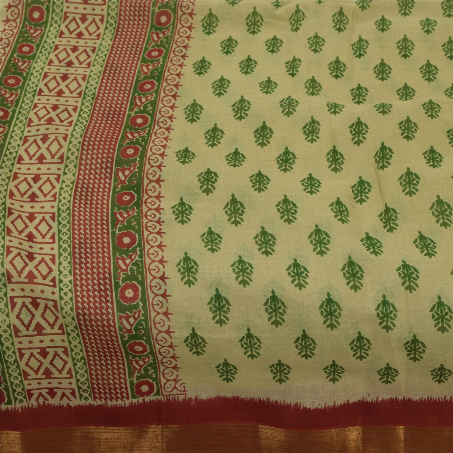 Sanskriti Vintage Sarees Cream Hand Block Printed Pure Cotton Sari Fabric