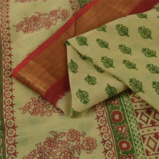 Sanskriti Vintage Sarees Cream Hand Block Printed Pure Cotton Sari Fabric