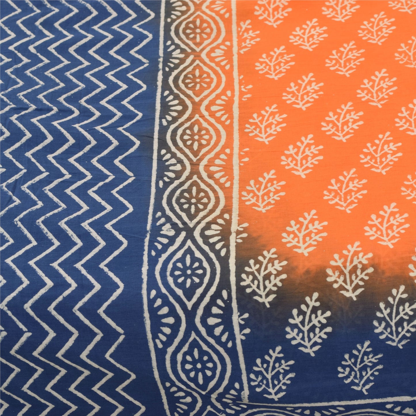 Sanskriti Vintage Sarees Orange & Blue Hand Block Print Pure Cotton Sari Fabric