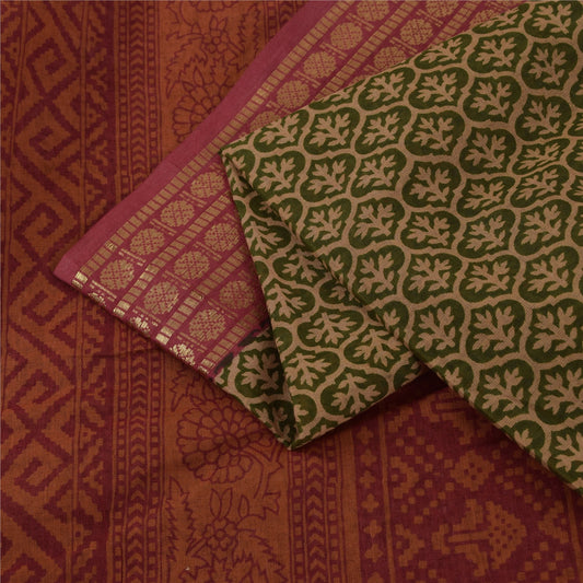 Sanskriti Vintage Sarees Green & Red Zari Border Pure Cotton Printed Sari Fabric